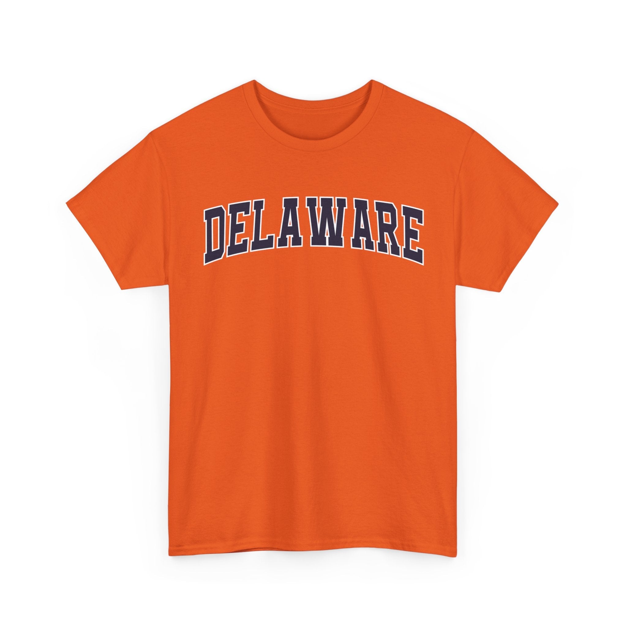 Orange t-shirt with 'DELAWARE' printed on it against a white background