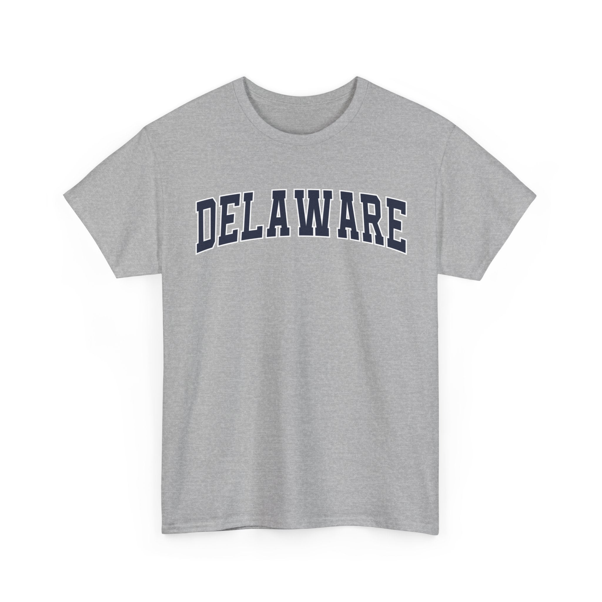 Gray t-shirt with 'DELAWARE' printed on a white background