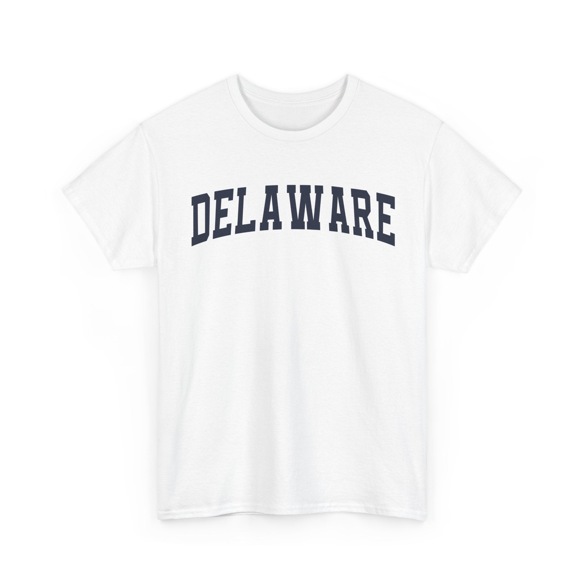White t-shirt with 'DELAWARE' printed on a white background