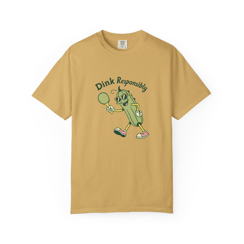 ’Dink Responsibly’ Funny Pickleball T-Shirt | Cute Pickle Character Pun Tee for Players - Mustard / S