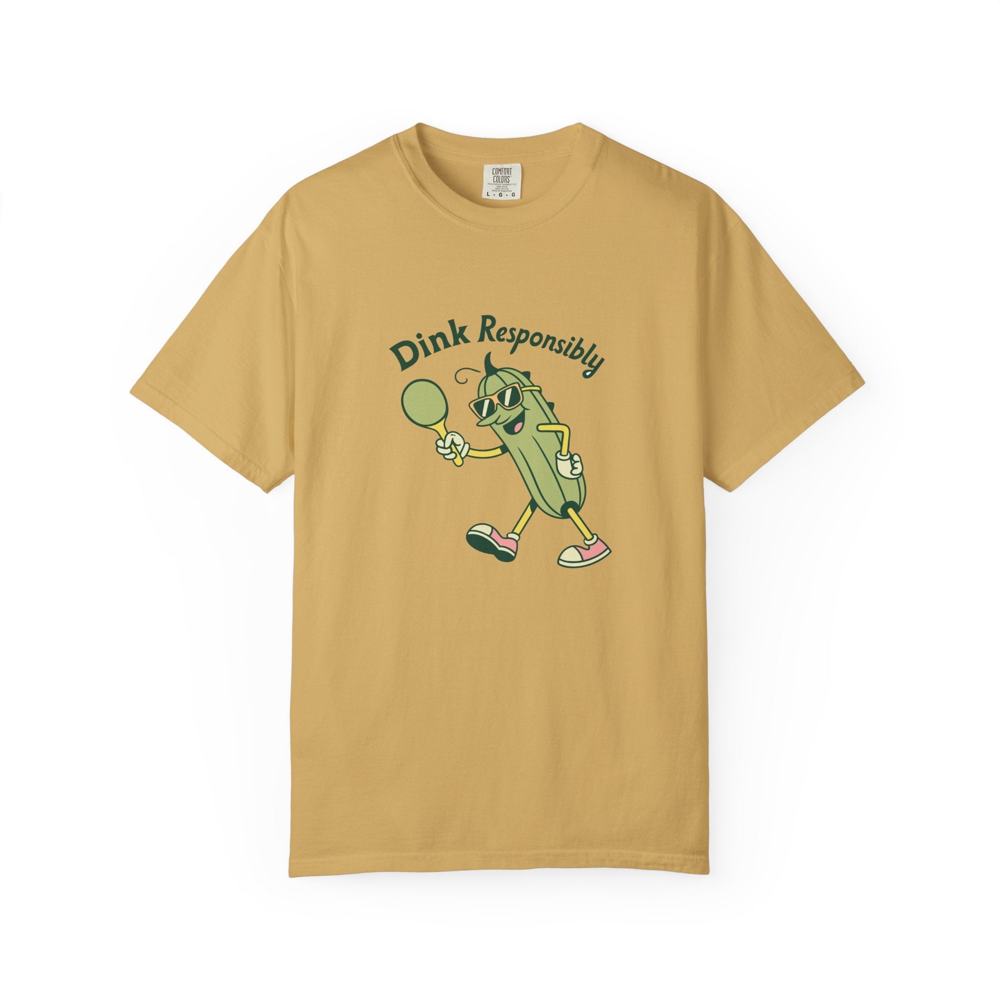 ’Dink Responsibly’ Funny Pickleball T-Shirt | Cute Pickle Character Pun Tee for Players - Mustard / S