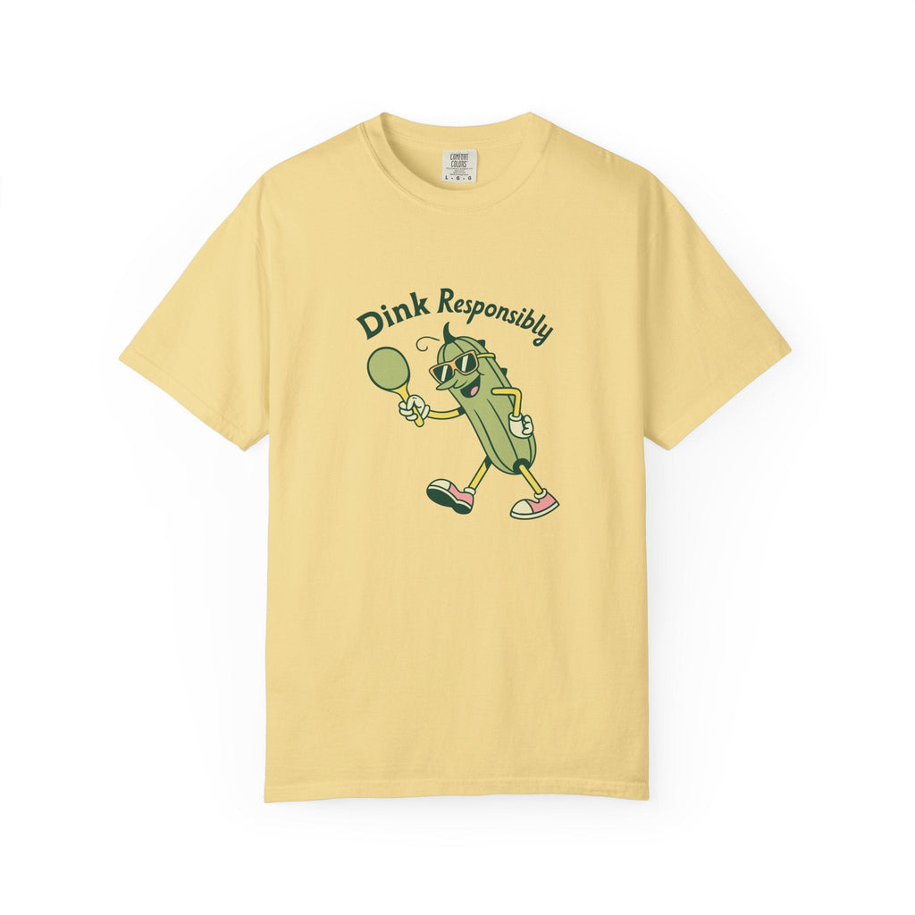 ’Dink Responsibly’ Funny Pickleball T-Shirt | Cute Pickle Character Pun Tee for Players - Butter / S