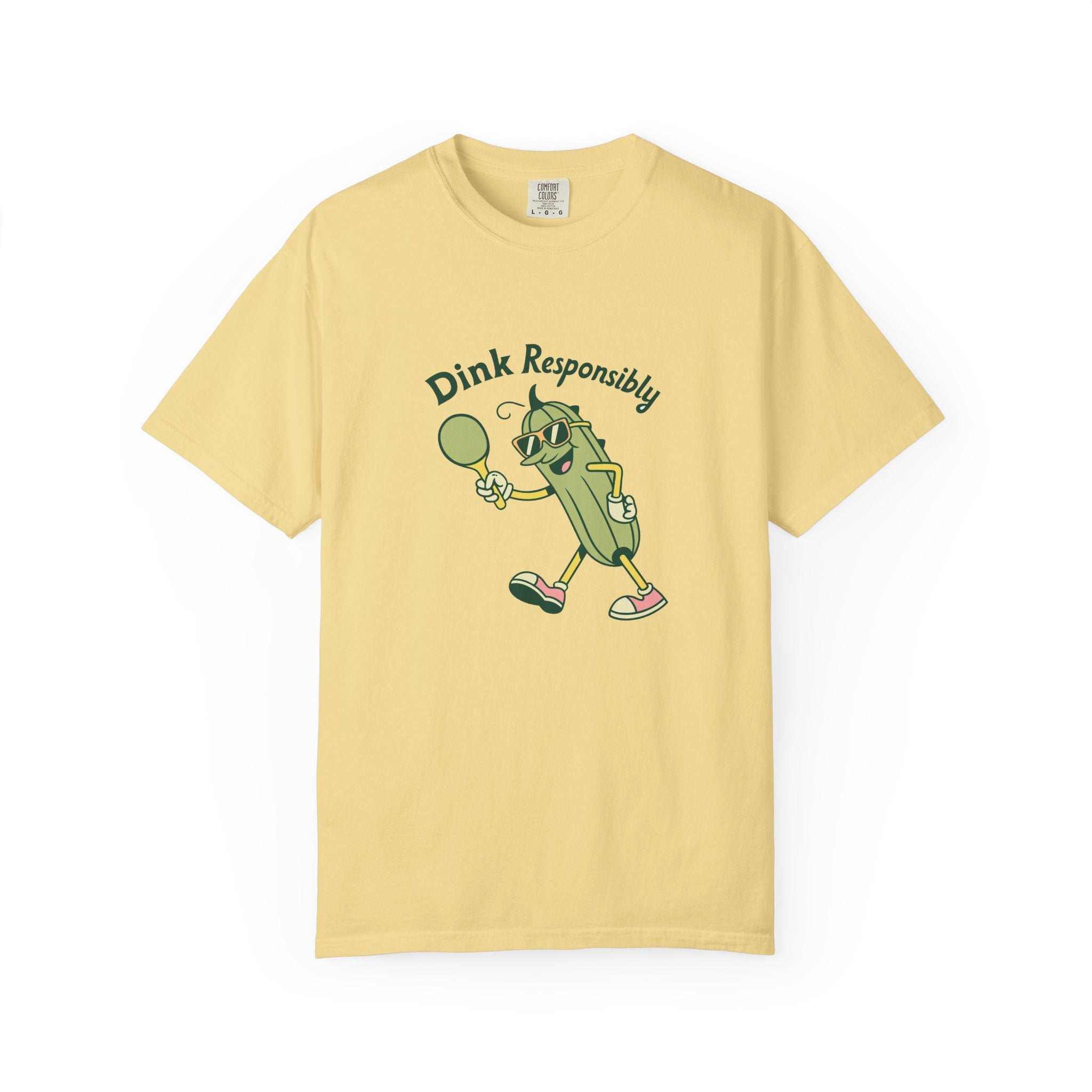 ’Dink Responsibly’ Funny Pickleball T-Shirt | Cute Pickle Character Pun Tee for Players - Butter / S