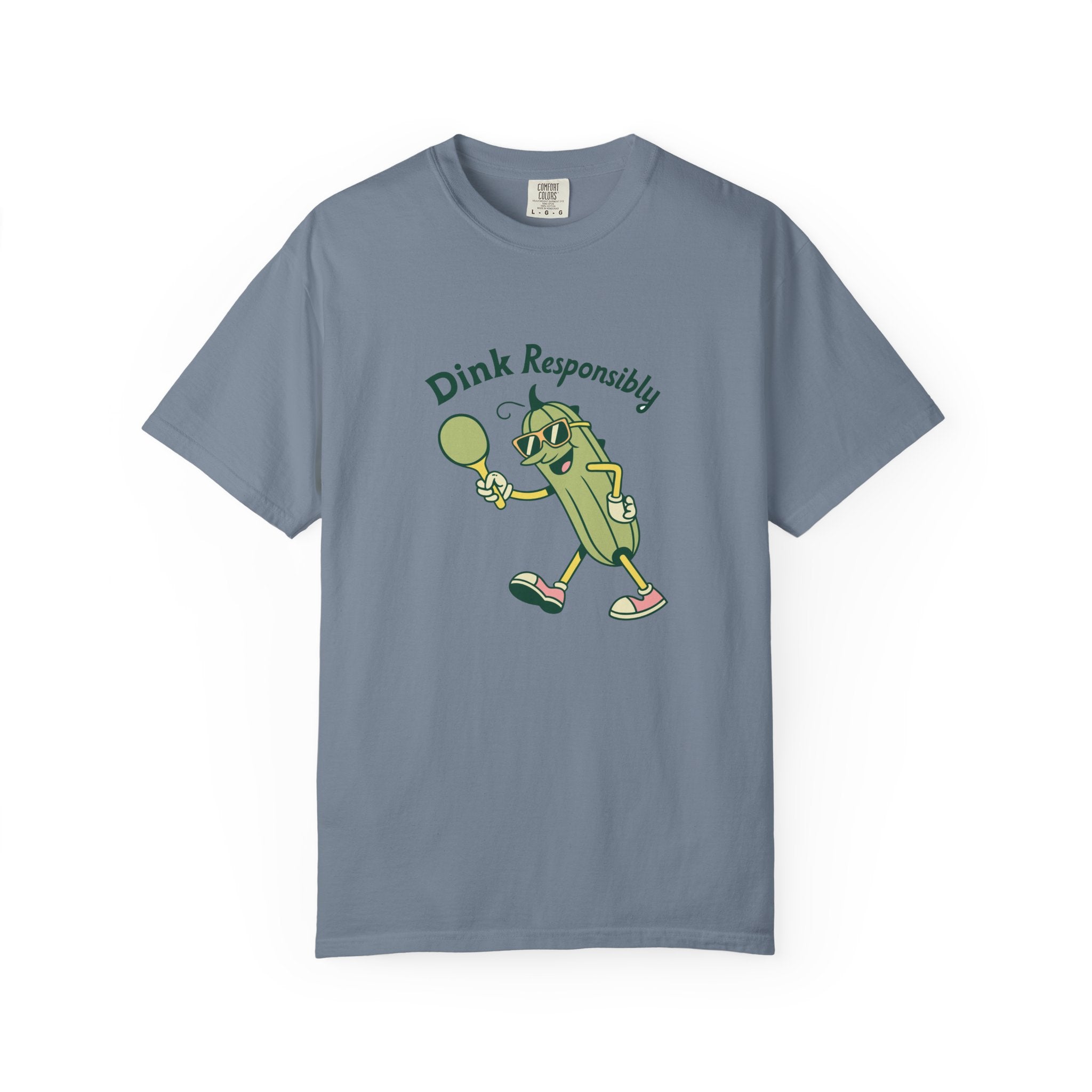 ’Dink Responsibly’ Funny Pickleball T-Shirt | Cute Pickle Character Pun Tee for Players - Blue Jean / S