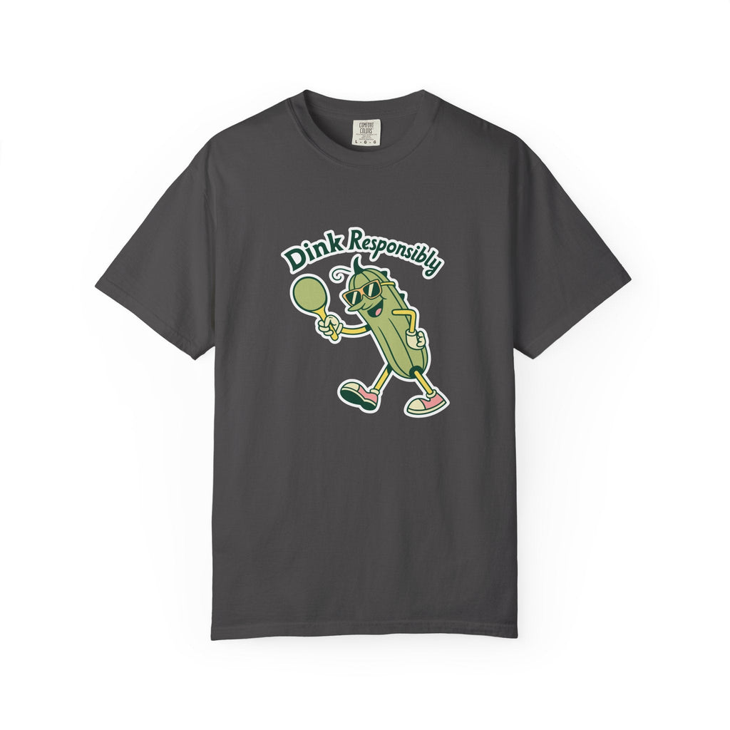 ’Dink Responsibly’ Funny Pickleball T-Shirt | Cute Pickle Character Pun Tee for Players - Graphite / S