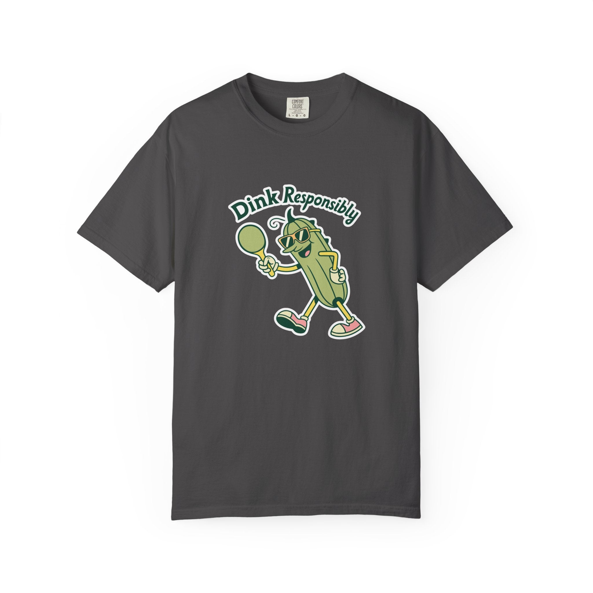 ’Dink Responsibly’ Funny Pickleball T-Shirt | Cute Pickle Character Pun Tee for Players - Graphite / S