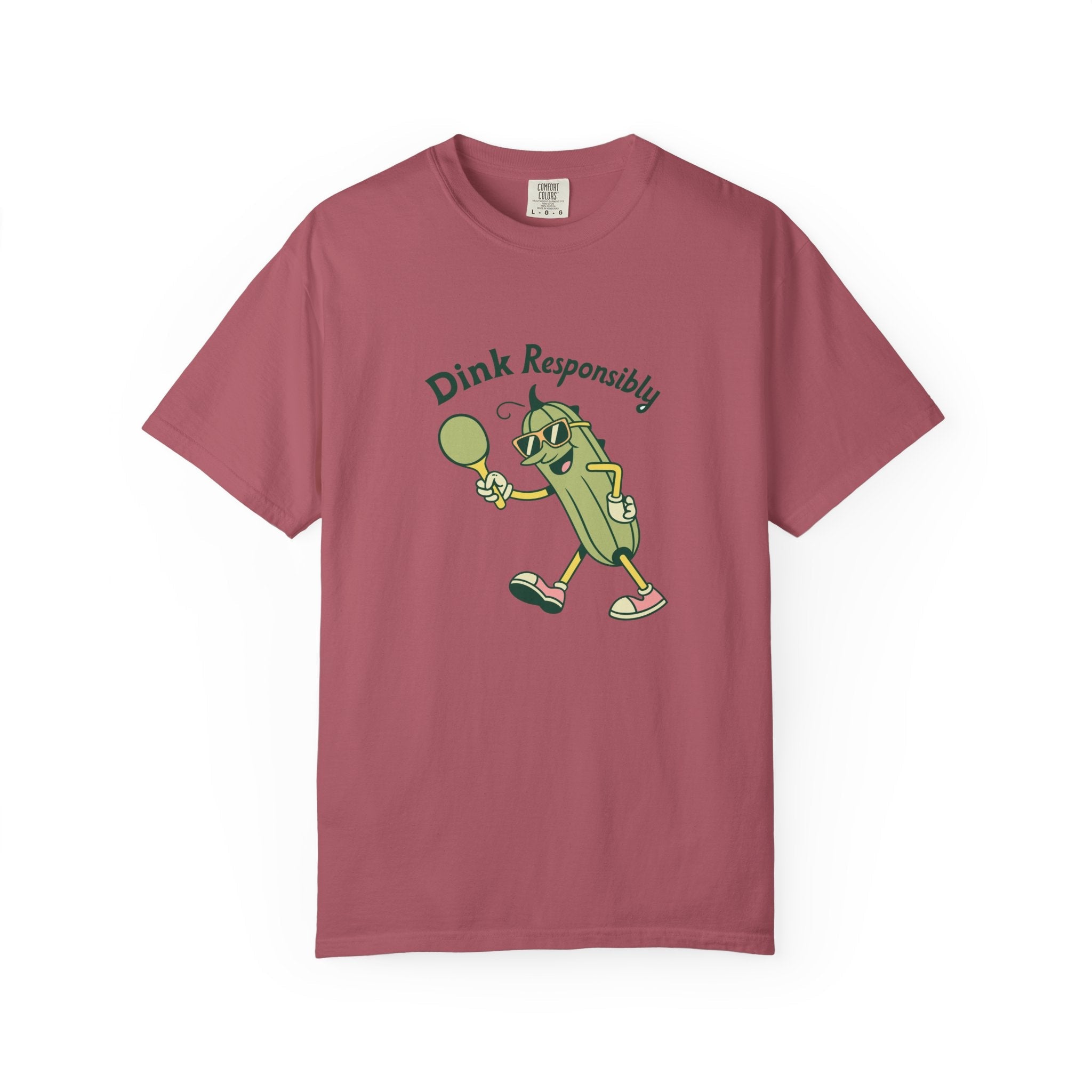 ’Dink Responsibly’ Funny Pickleball T-Shirt | Cute Pickle Character Pun Tee for Players - Crimson / S