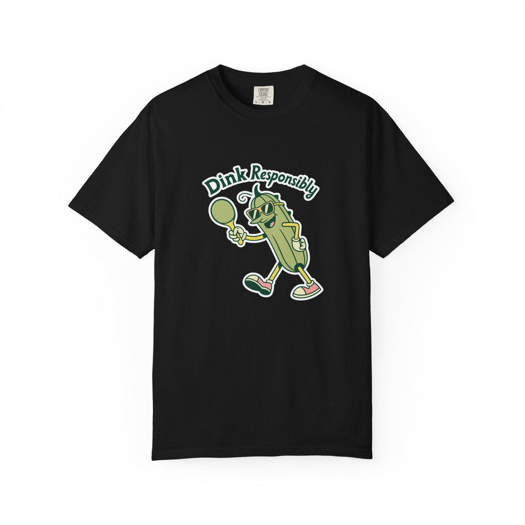 ’Dink Responsibly’ Funny Pickleball T-Shirt | Cute Pickle Character Pun Tee for Players - Black / S