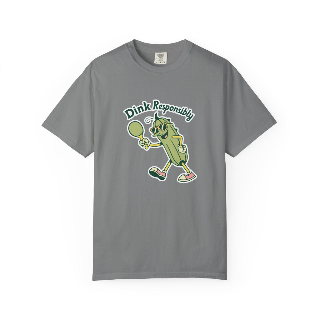 ’Dink Responsibly’ Funny Pickleball T-Shirt | Cute Pickle Character Pun Tee for Players - Grey / S