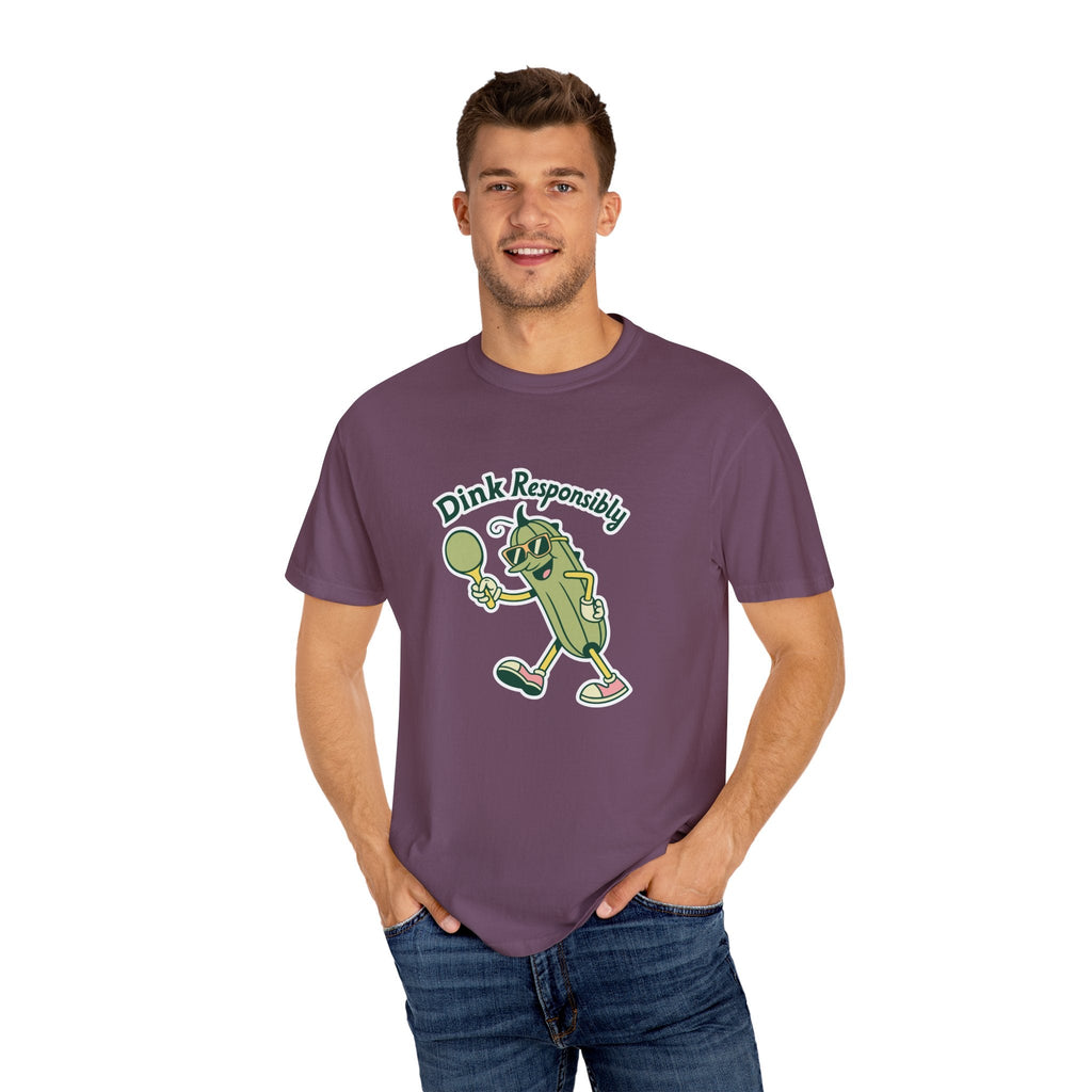 ’Dink Responsibly’ Funny Pickleball T-Shirt | Cute Pickle Character Pun Tee for Players