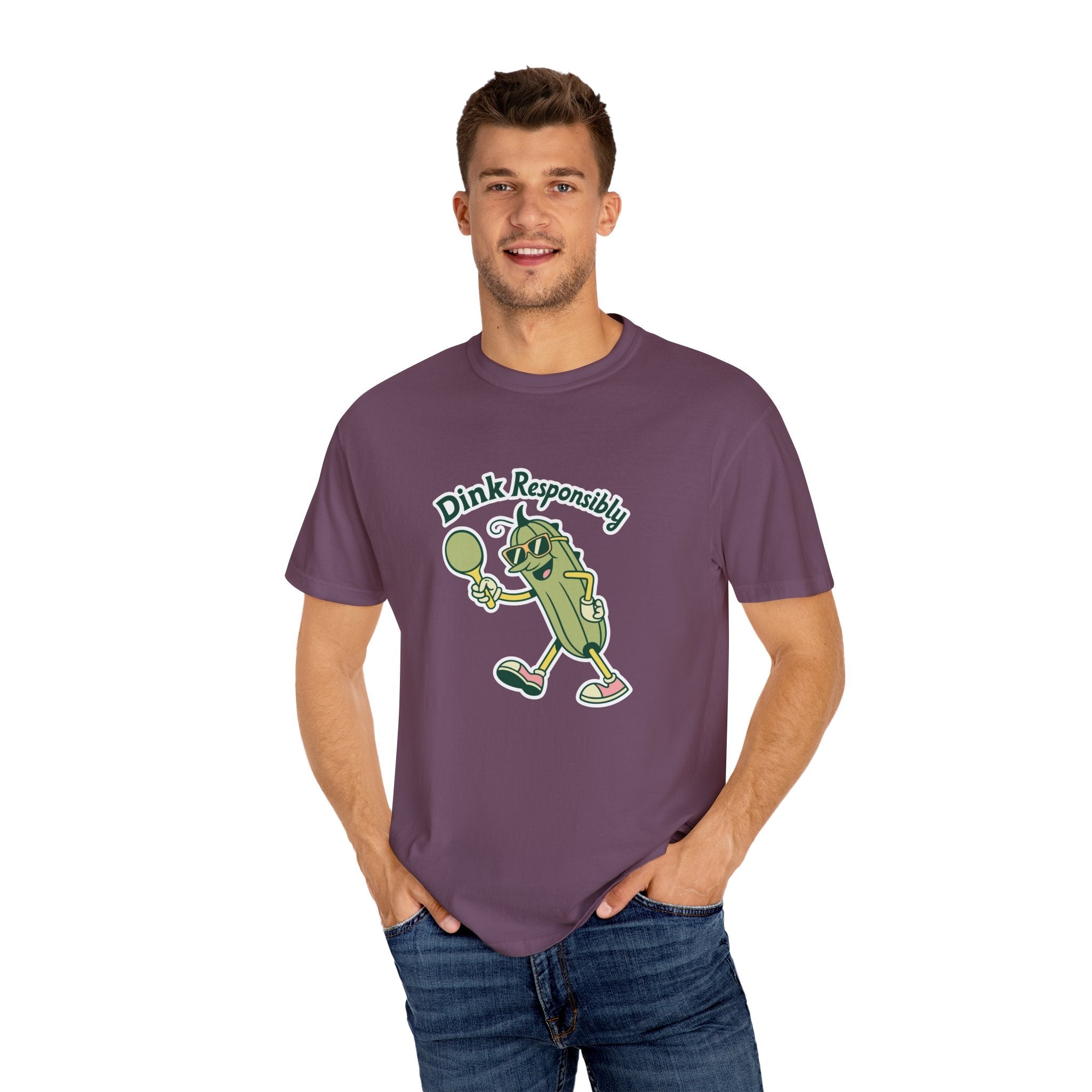 ’Dink Responsibly’ Funny Pickleball T-Shirt | Cute Pickle Character Pun Tee for Players