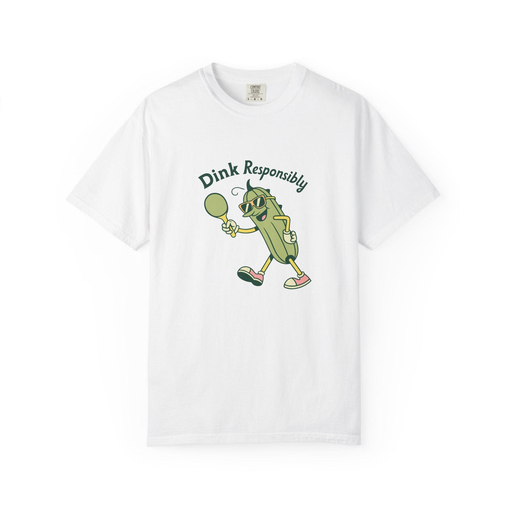 ’Dink Responsibly’ Funny Pickleball T-Shirt | Cute Pickle Character Pun Tee for Players - White / S