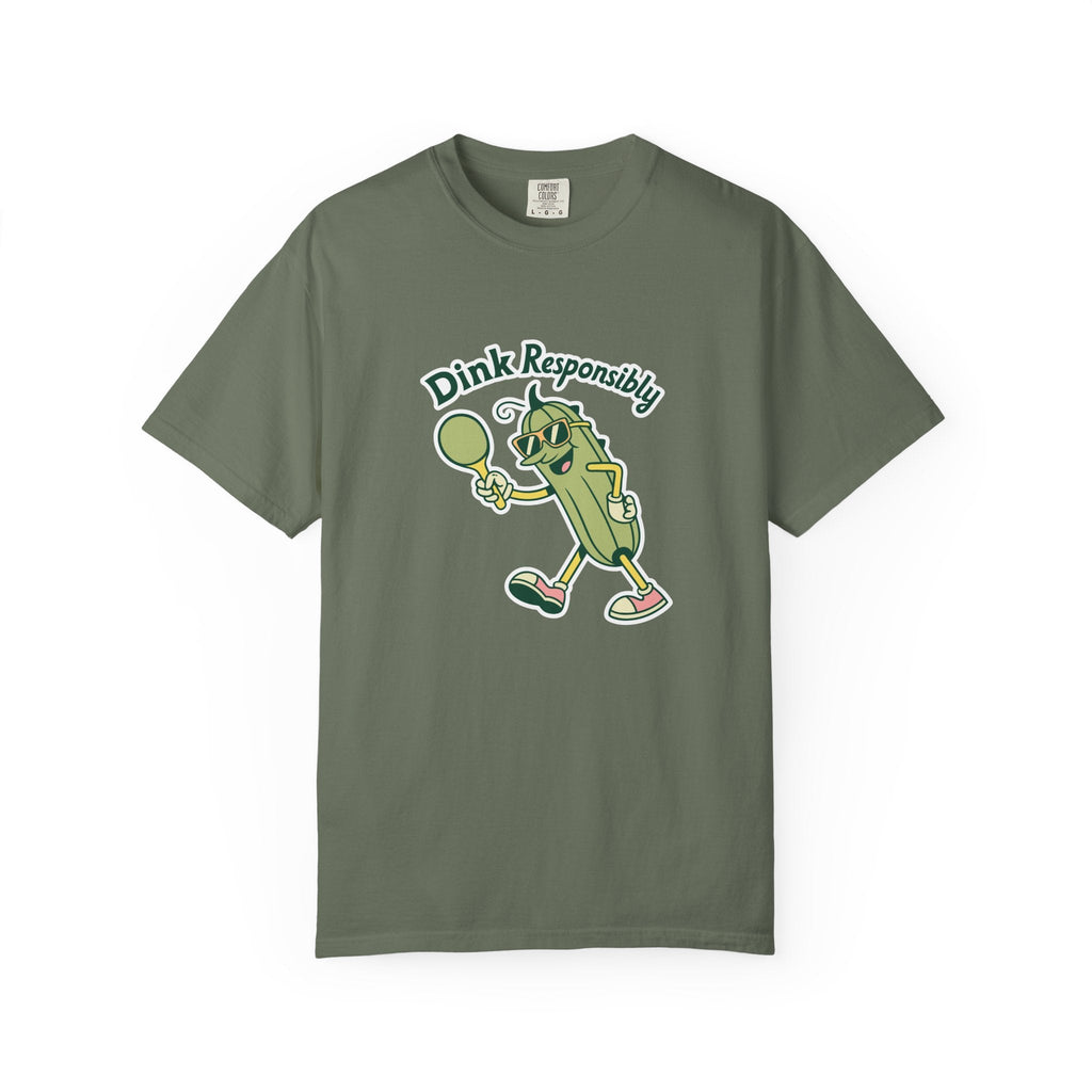 ’Dink Responsibly’ Funny Pickleball T-Shirt | Cute Pickle Character Pun Tee for Players - Moss / S