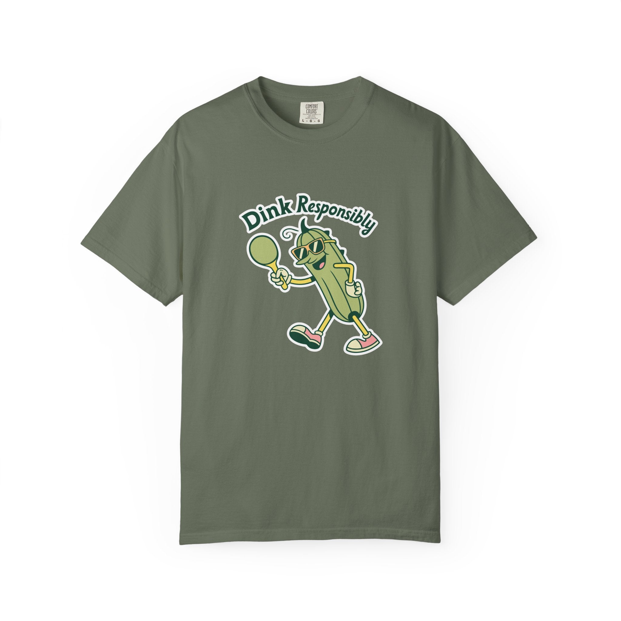 ’Dink Responsibly’ Funny Pickleball T-Shirt | Cute Pickle Character Pun Tee for Players - Moss / S