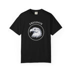 Black t-shirt with the eagle freedom and starts graphic design on a white background.