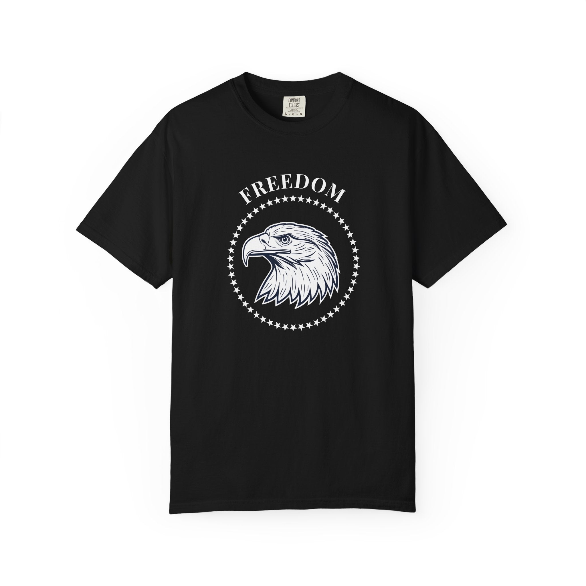 Black t-shirt with the eagle freedom and starts graphic design on a white background.