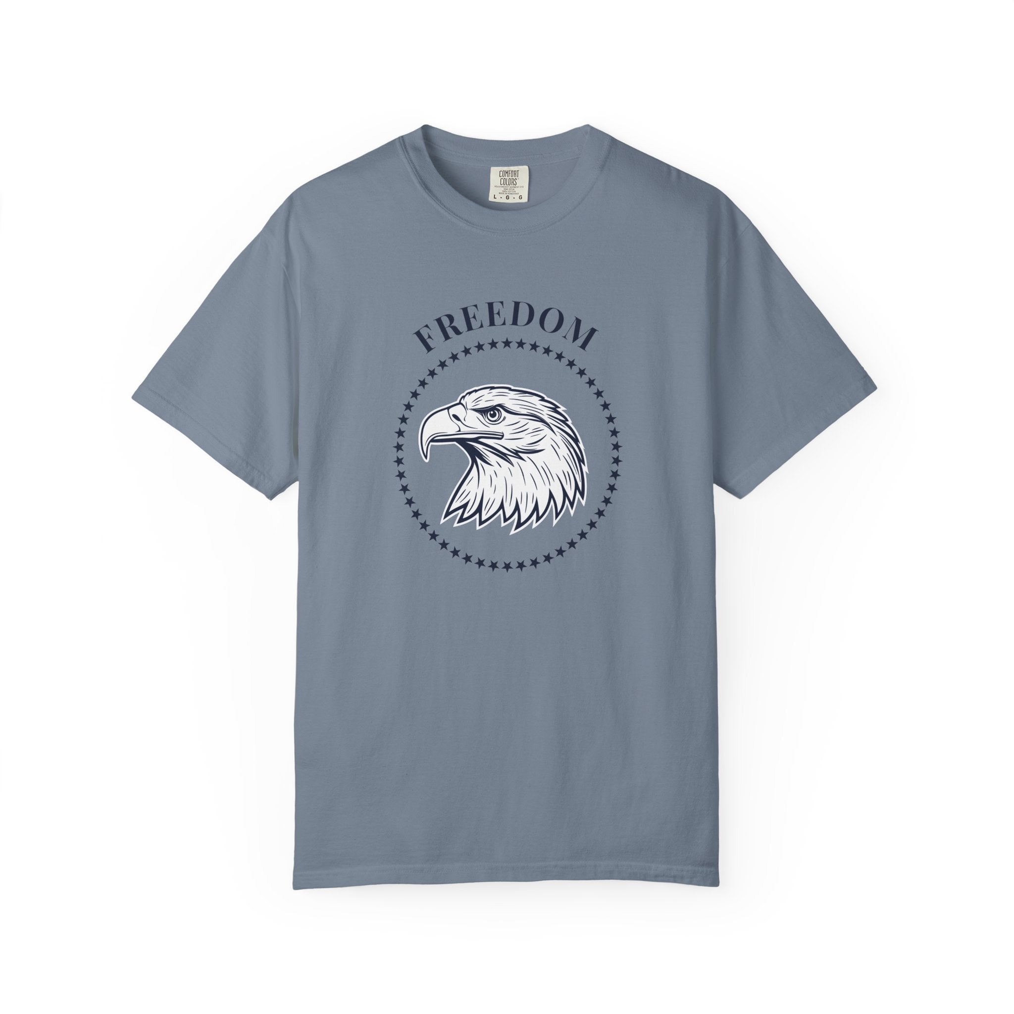 Blue Jean t-shirt with the eagle freedom and starts graphic design on a white background.