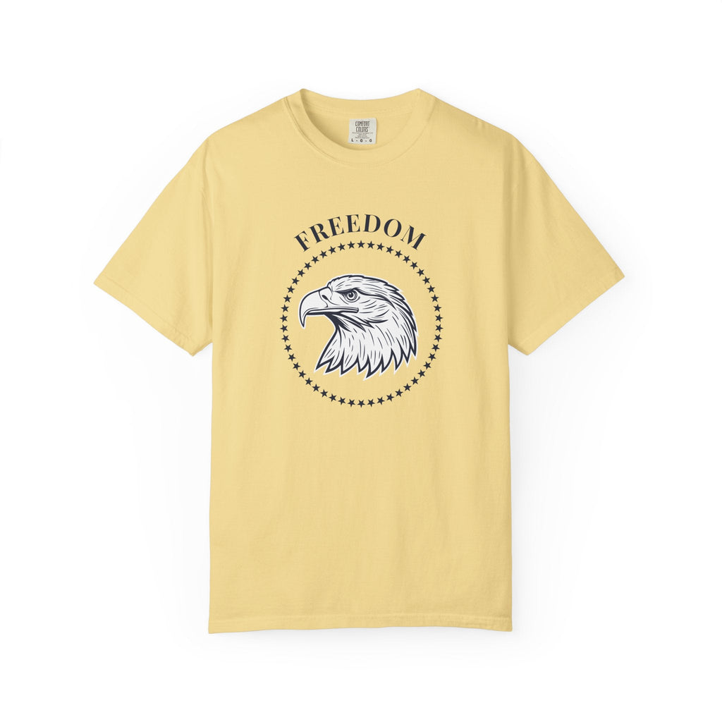 Butter t-shirt with the eagle freedom and starts graphic design on a white background.