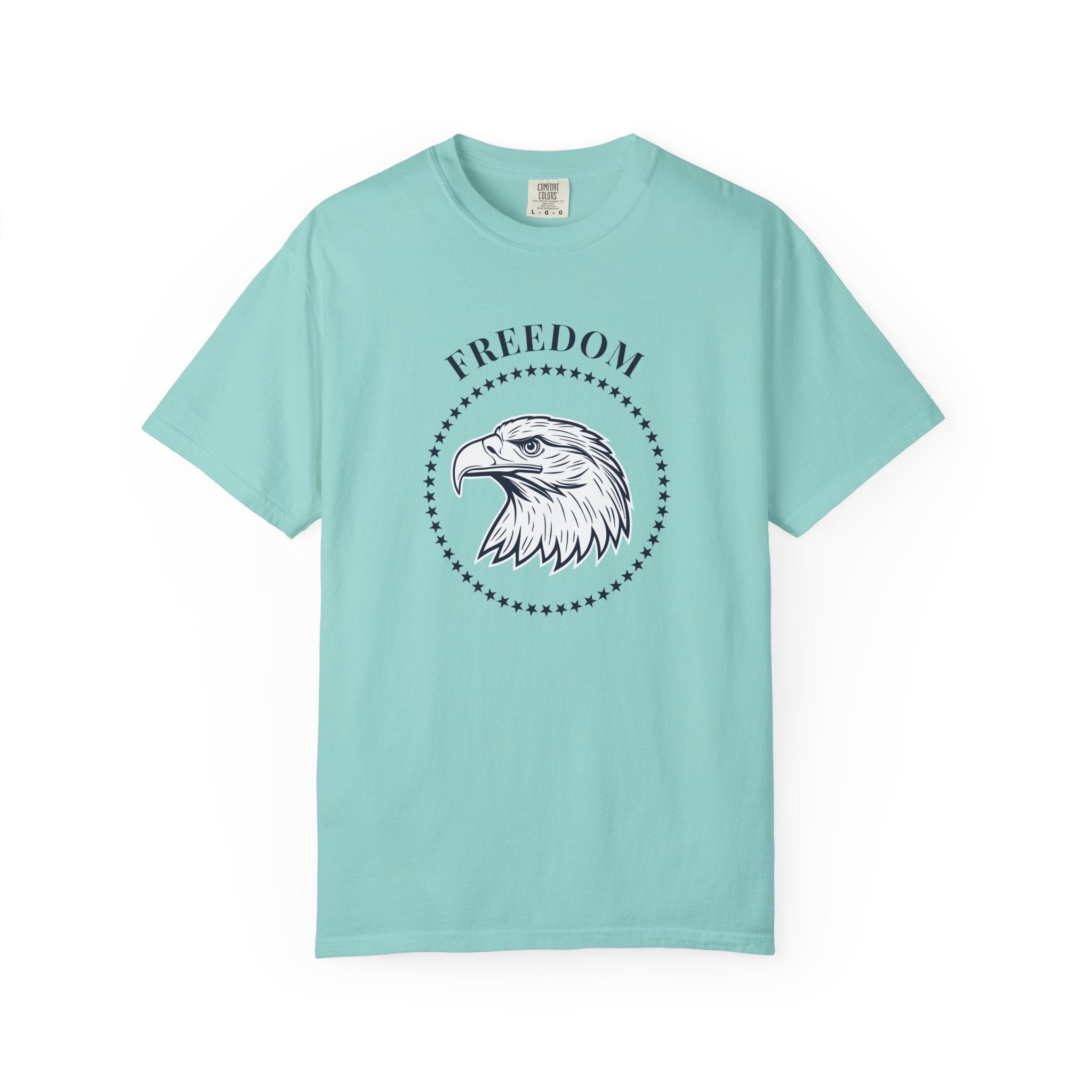 Chalky Mint t-shirt with the eagle freedom and starts graphic design on a white background.