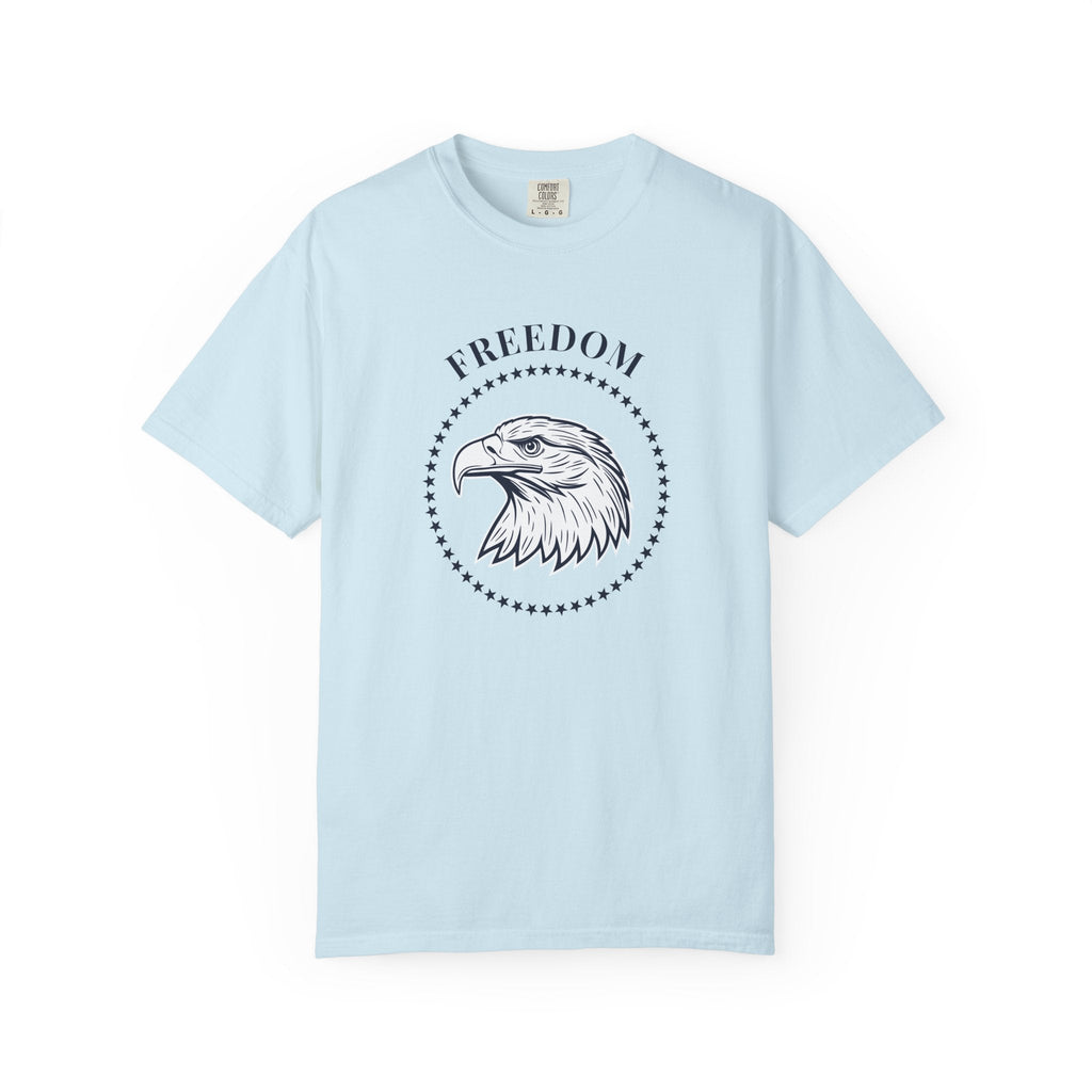 Chambray t-shirt with the eagle freedom and starts graphic design on a white background.