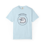 Chambray t-shirt with the eagle freedom and starts graphic design on a white background.