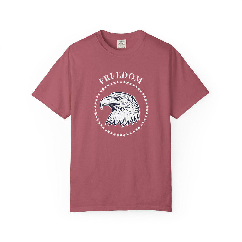 Crimson t-shirt with the eagle freedom and starts graphic design on a white background.