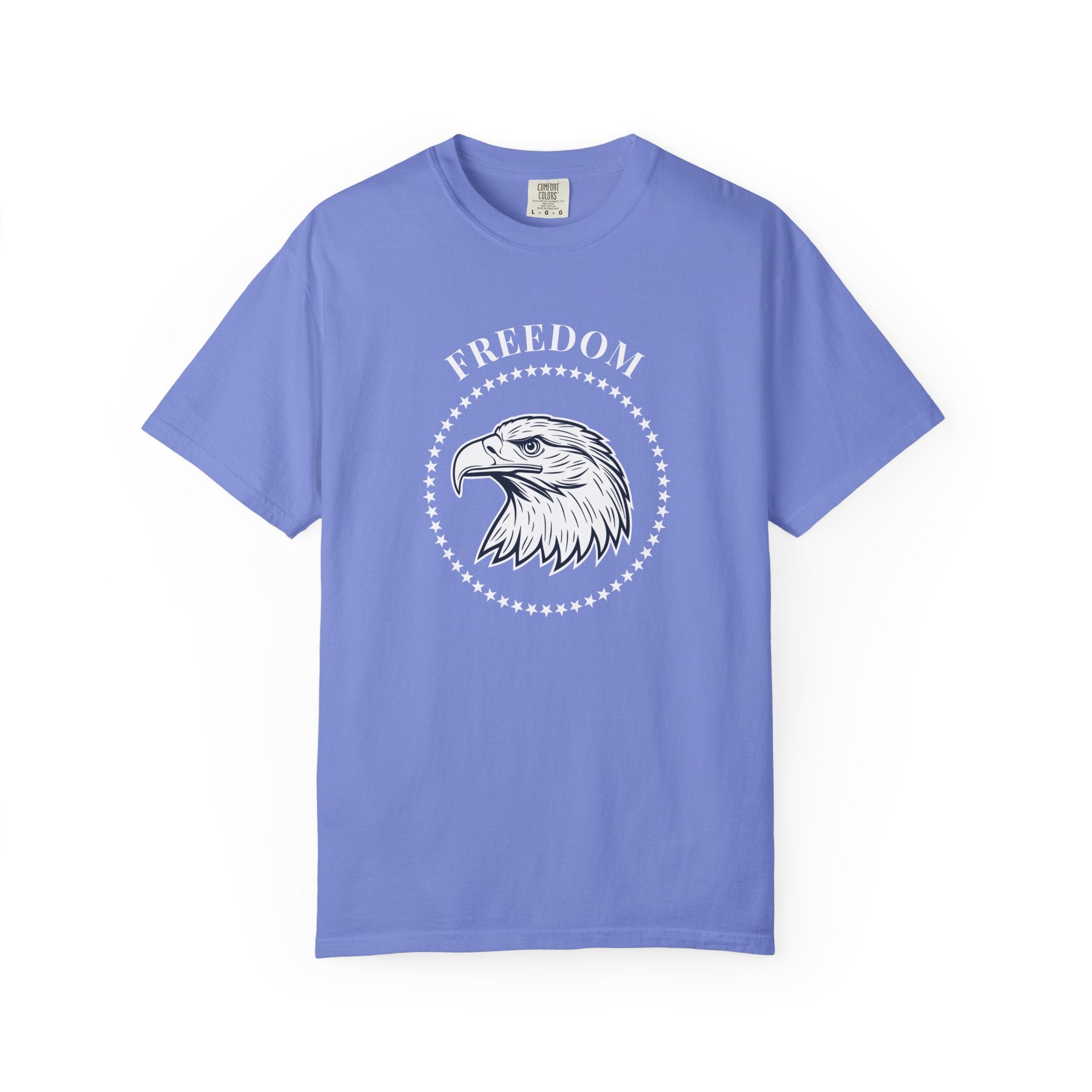Flo Blue t-shirt with the eagle freedom and starts graphic design on a white background.