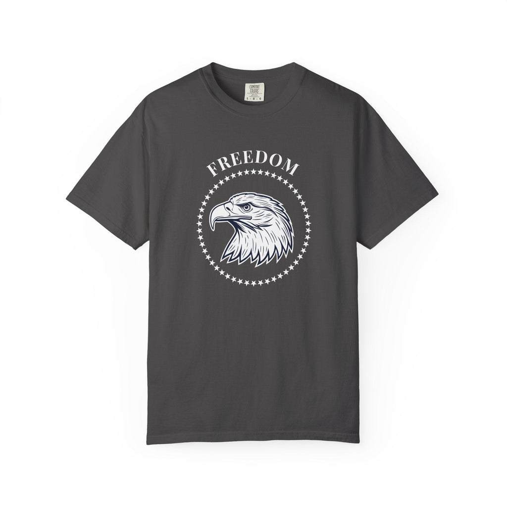 Graphite t-shirt with the eagle freedom and starts graphic design on a white background.
