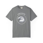 Grey t-shirt with the eagle freedom and starts graphic design on a white background.