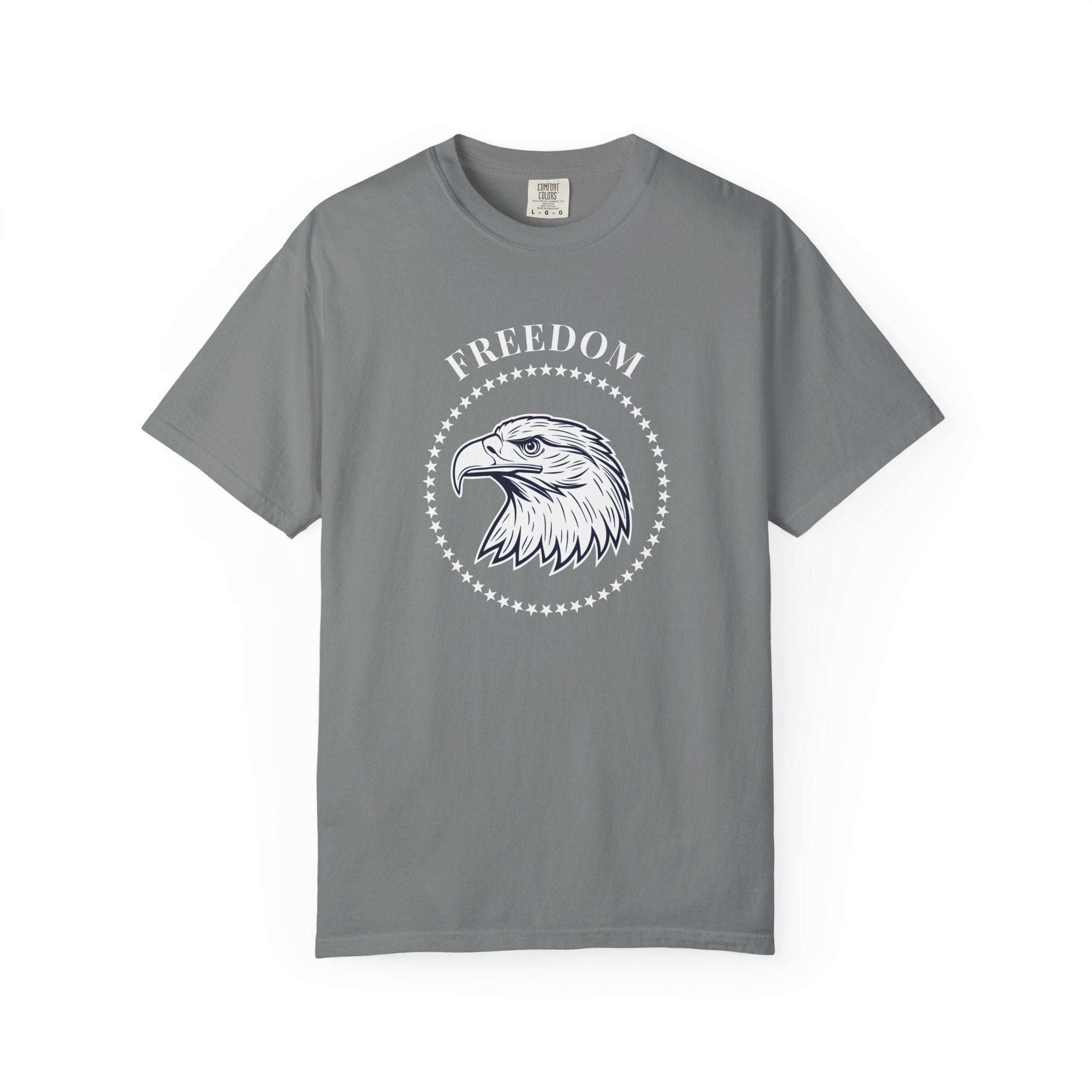 Grey t-shirt with the eagle freedom and starts graphic design on a white background.