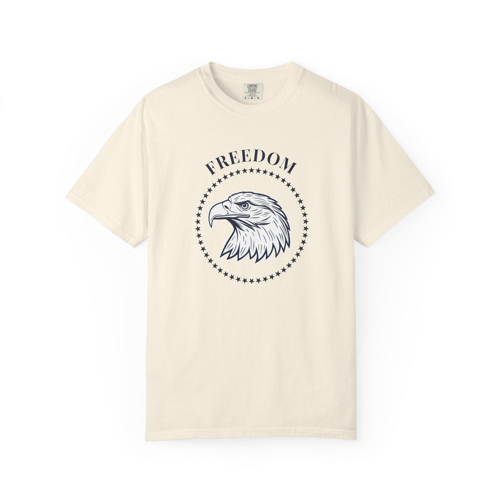 Ivory t-shirt with the eagle freedom and starts graphic design on a white background.