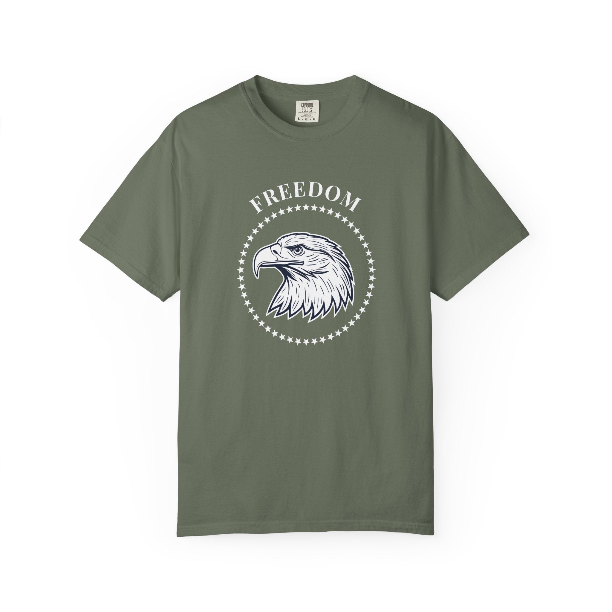 Moss t-shirt with the eagle freedom and starts graphic design on a white background.