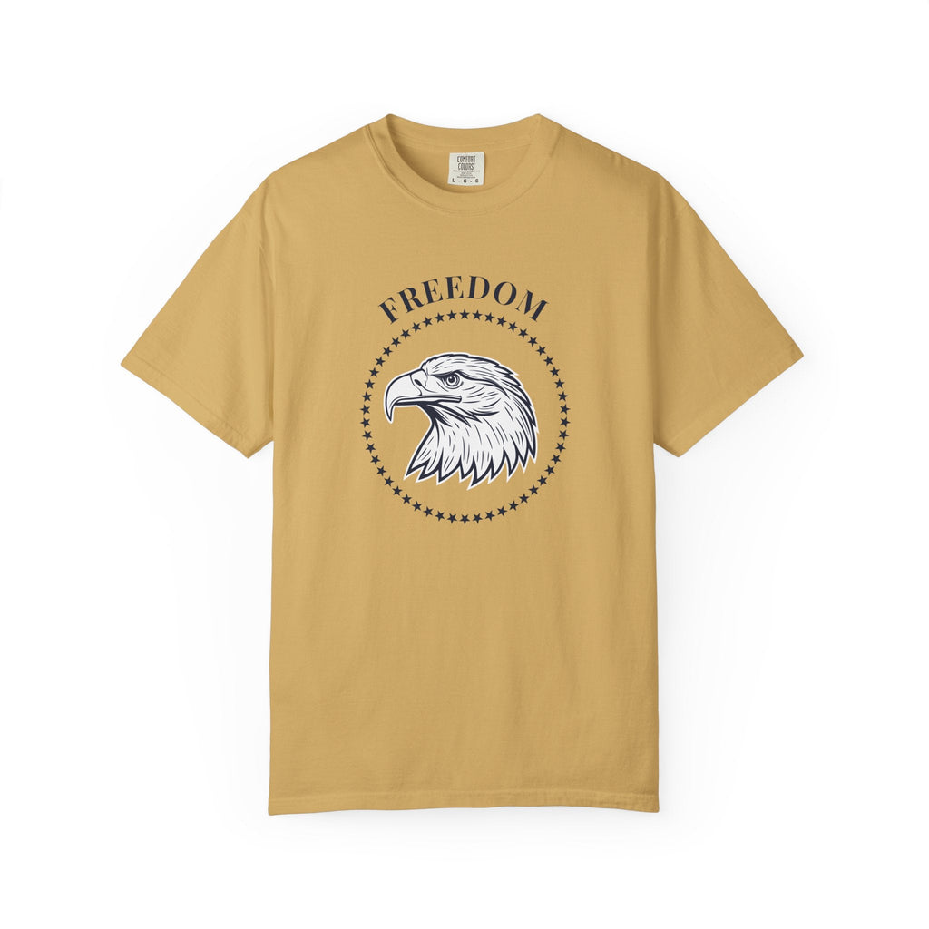Mustard t-shirt with the eagle freedom and starts graphic design on a white background.