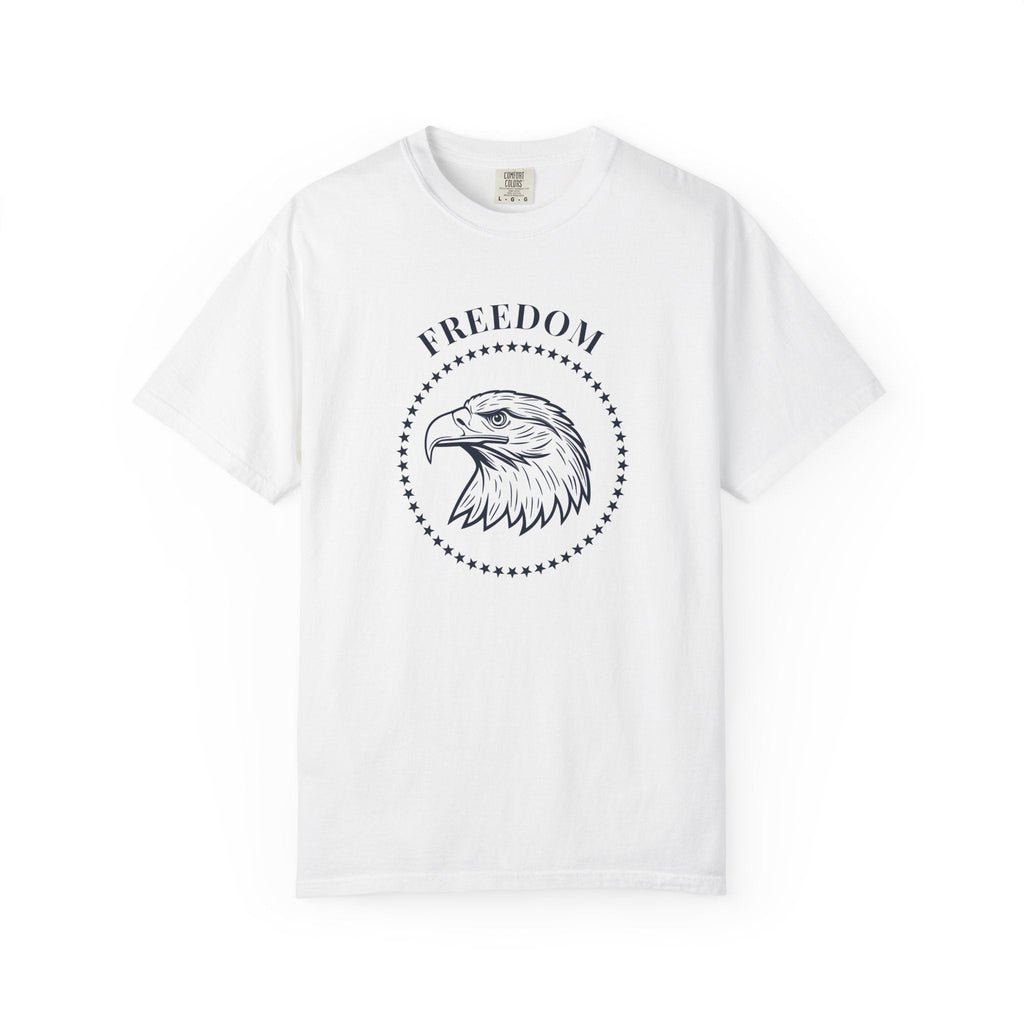 White t-shirt with the eagle freedom and starts graphic design on a white background.