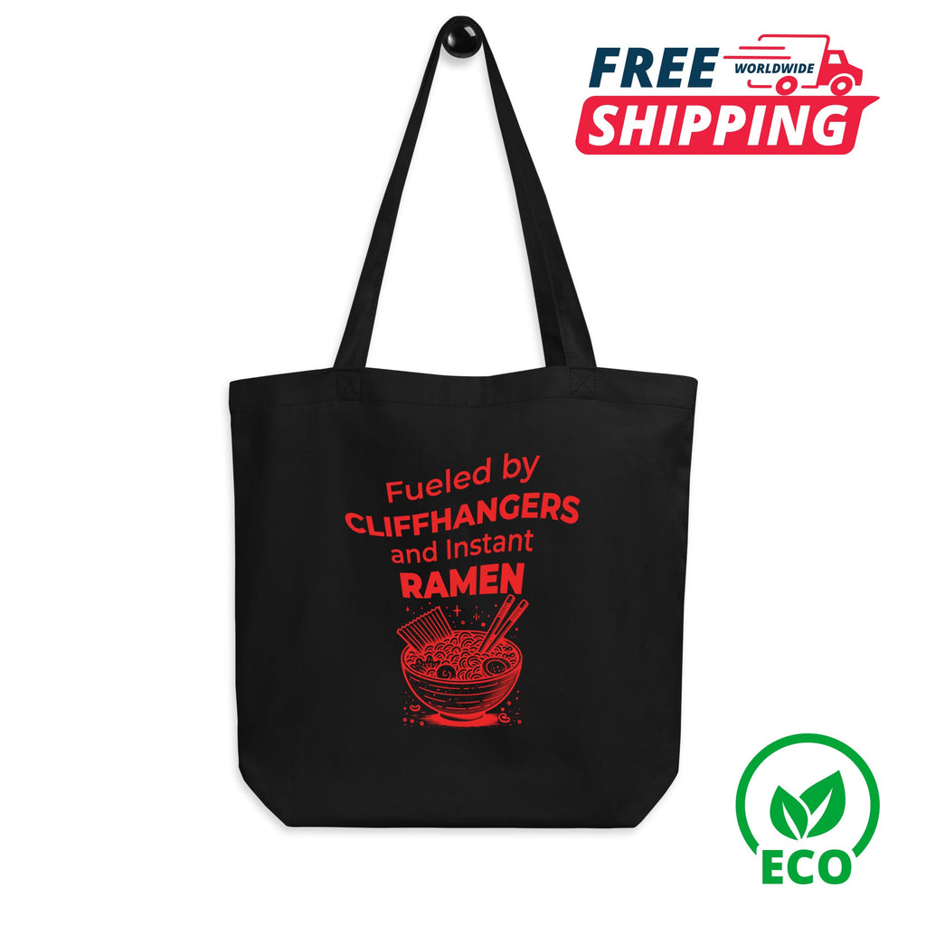 Black tote bag with red text and graphic, featuring free shipping and eco-friendly logo on a white background.