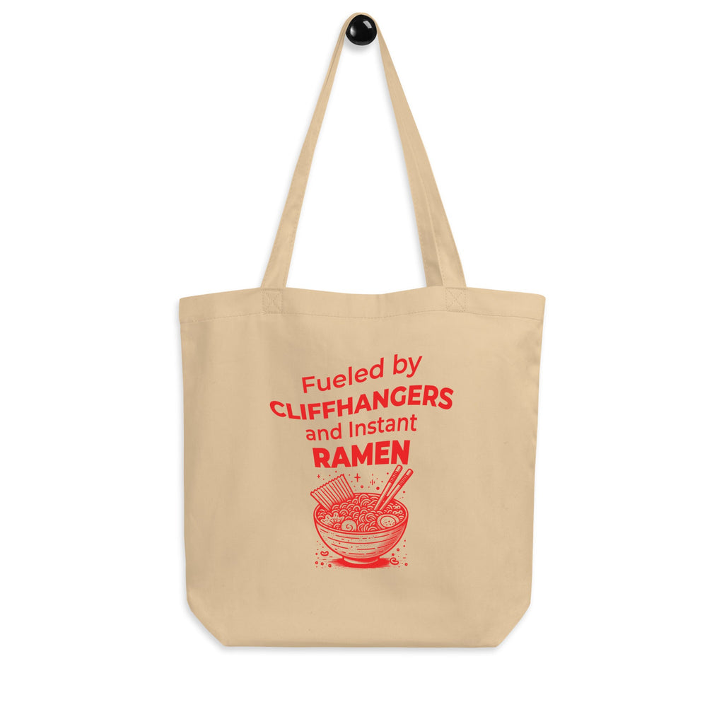 Beige tote bag with red text and graphic on a white background