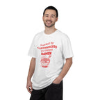 A man wearing a white t-shirt with red otaku text and ramen graphic on a white background