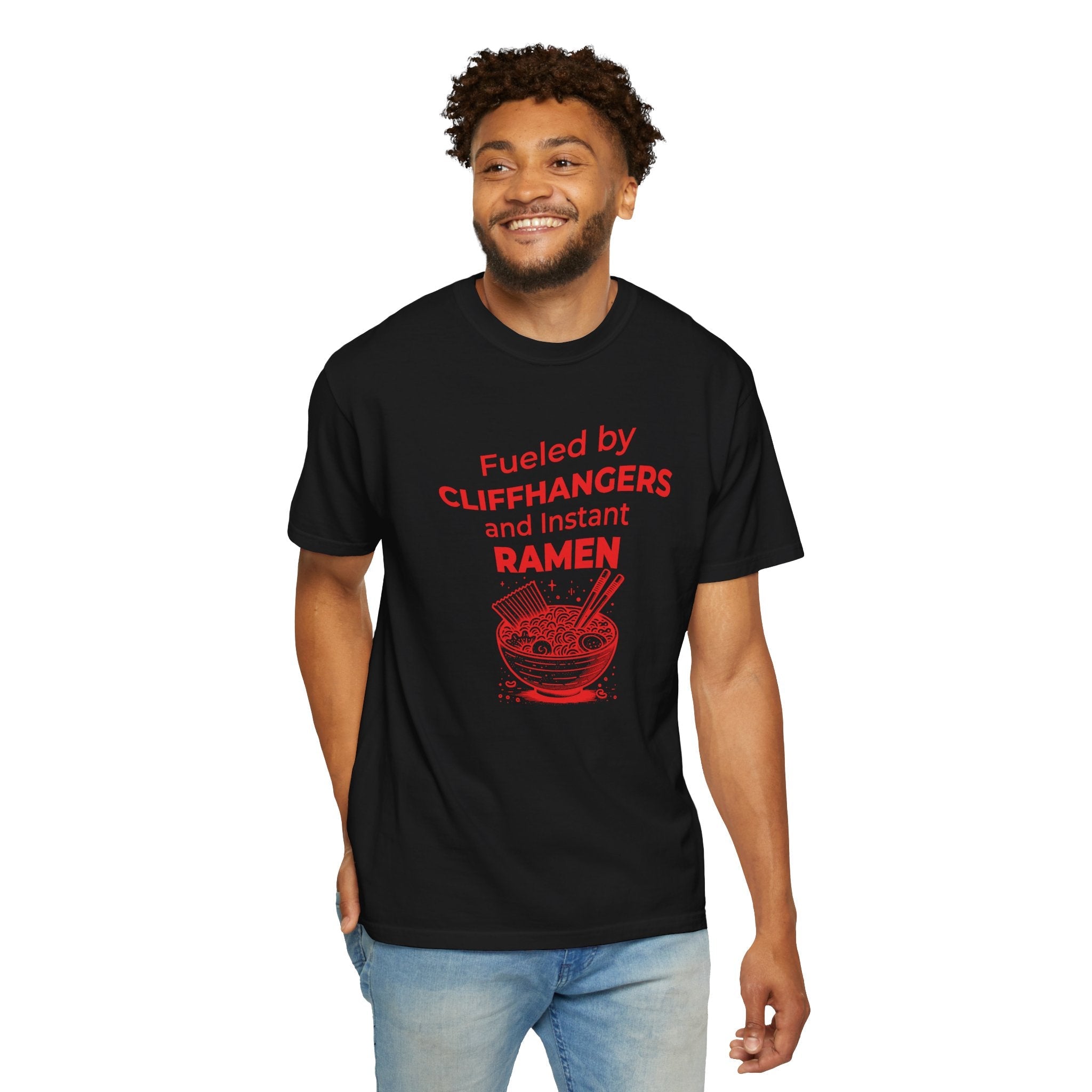 Person wearing a black t-shirt with red otaku text and ramen graphic on a white background
