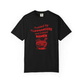 Black t-shirt with red otaku text and ramen graphic on a white background