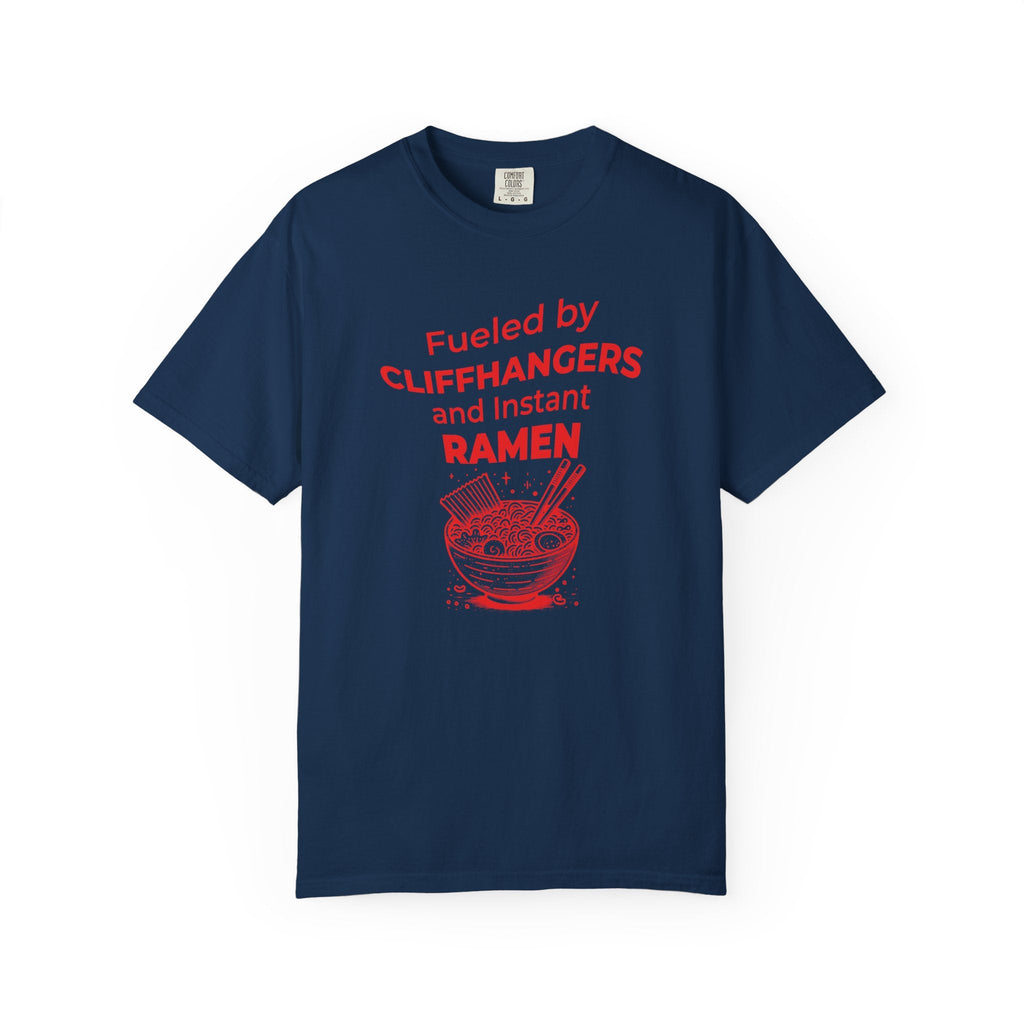 Navy t-shirt with red otaku text and ramen graphic on a white background