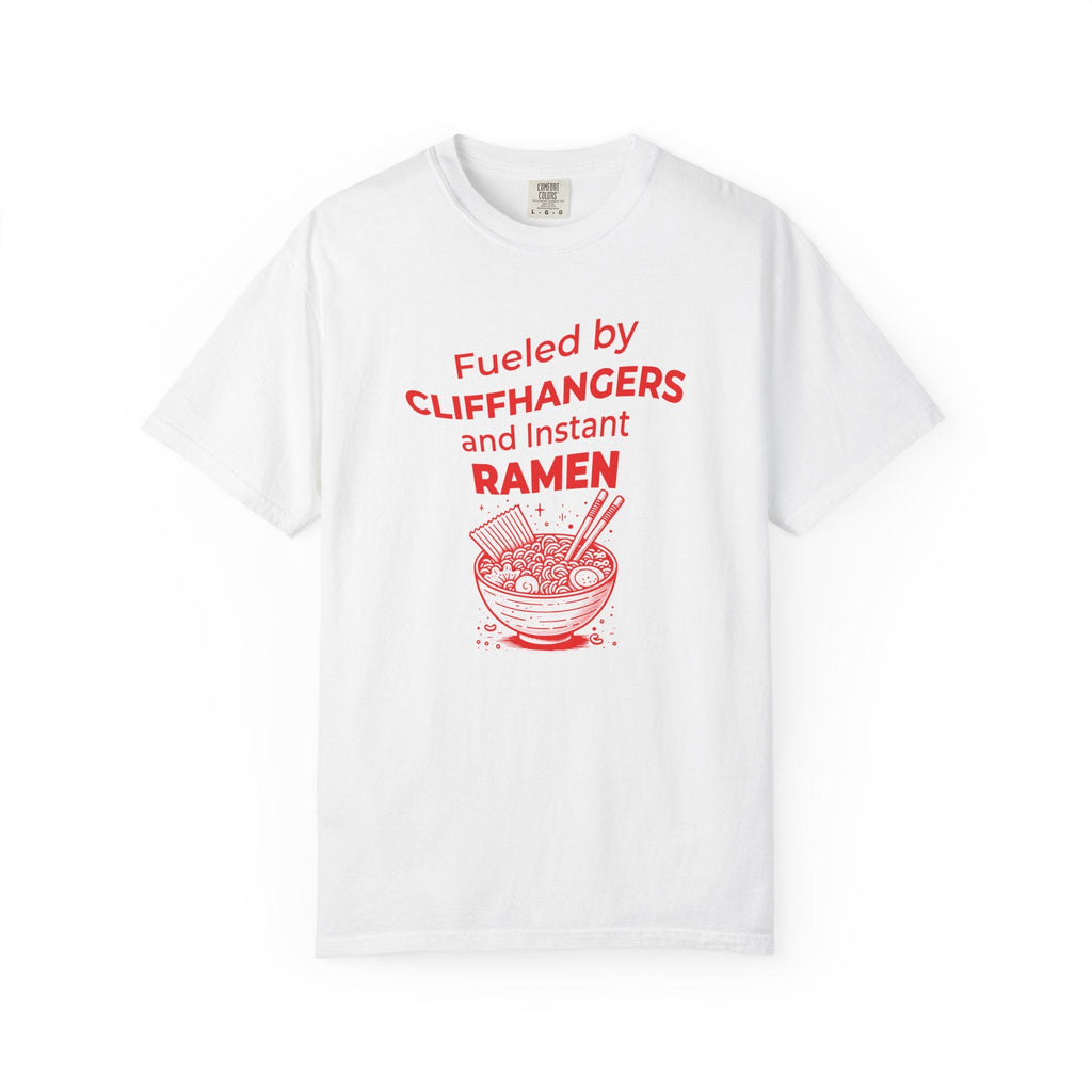 White t-shirt with red otaku text and ramen graphic on a white background