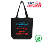 Black tote bag with witty manga manhwa reader quote, free shipping, and eco-friendly icons on a white background