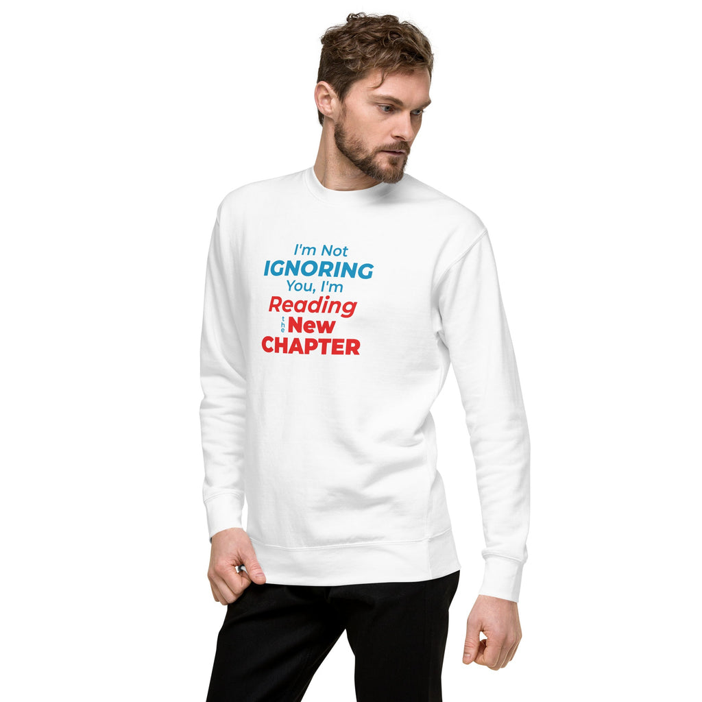 Man wearing a white sweatshirt with a witty manhwa reader quote on a white background