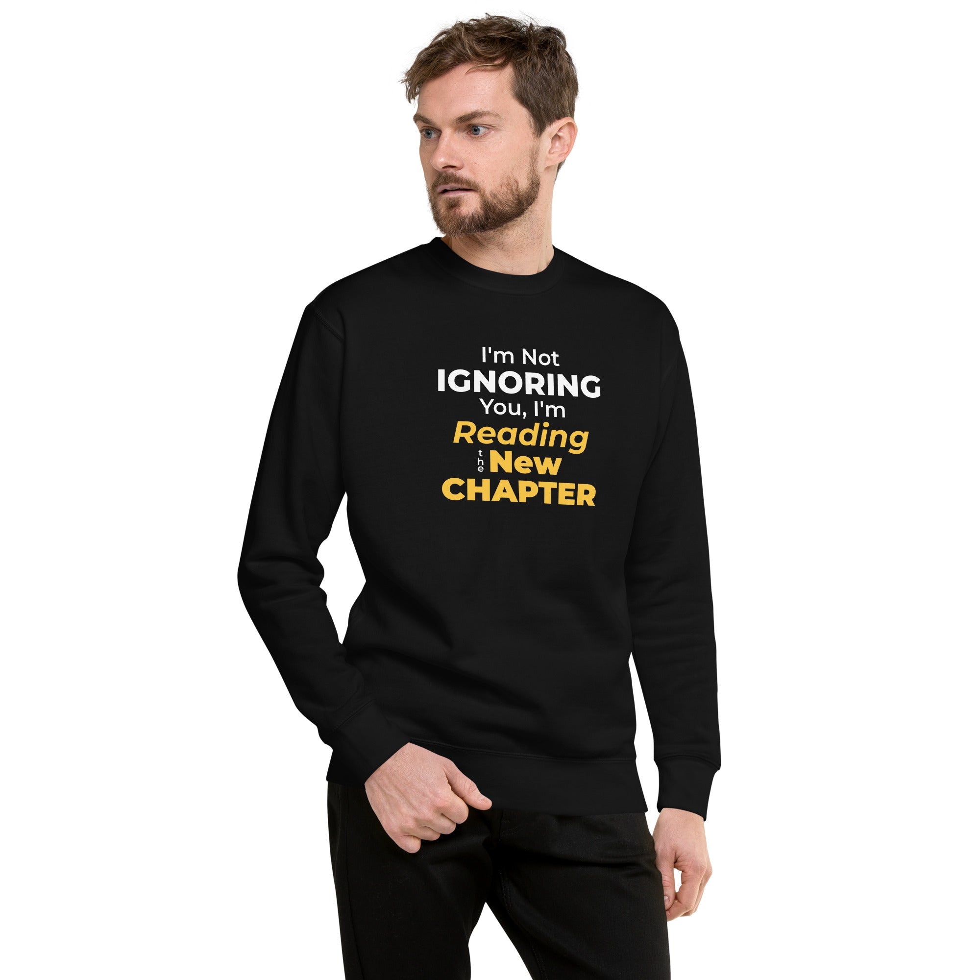 Man wearing a black long-sleeve shirt with humorous, witty manhwa reader text design on a white background