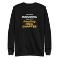 Black sweatshirt with humorous, witty manhwa reader text design on a white background