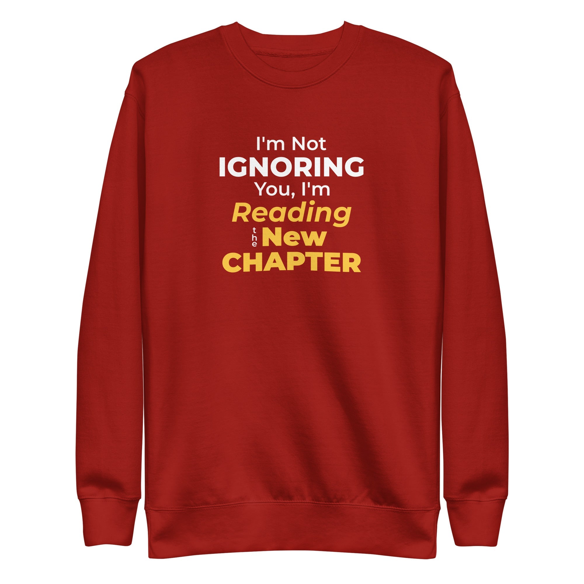 Red sweatshirt with humorous, witty manhwa reader text design on a white background