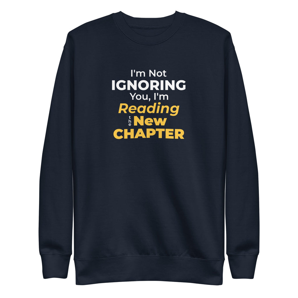 Navy blue sweatshirt with humorous, witty manhwa reader text design on a white background