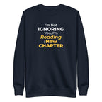 Navy blue sweatshirt with humorous, witty manhwa reader text design on a white background