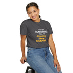 A women wearing Graphite t-shirt with text 'I'm Not Ignoring You, I'm Reading the New Chapter' on a white background