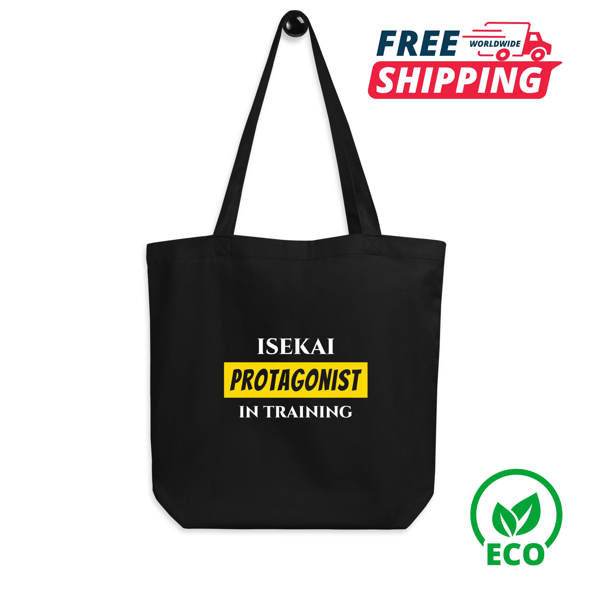 Black tote bag with text 'Isekai Protagonist in Training' on a white background, featuring free shipping and eco-friendly icons.